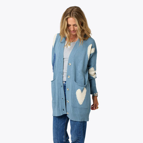 Poppy zero-waste blue long button-front cardigan in a cotton-cashmere blend with elbow heart patches - Shop women's long cardigans by Kerri Rosenthal