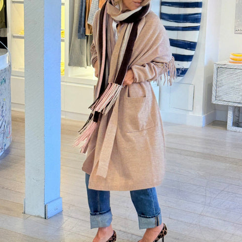 Cali fringe camel open-front long cardigan coat in 100% cashmere with drippy heart stitching - Cute women's long cardigan coats by Kerri Rosenthal