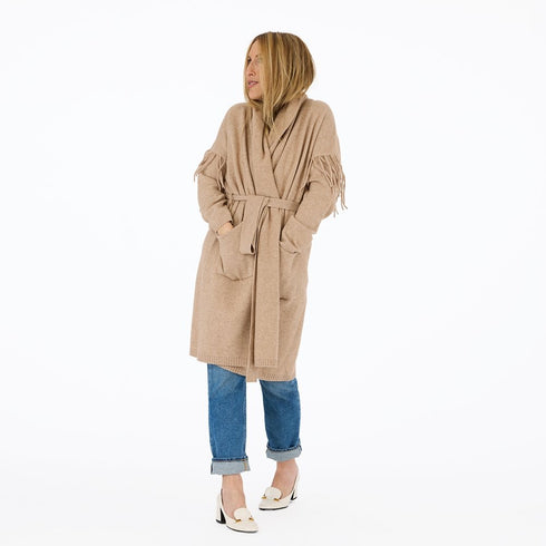 Cali fringe camel open-front long cardigan coat in 100% cashmere with drippy heart stitching - Cute women's long cardigan coats by Kerri Rosenthal
