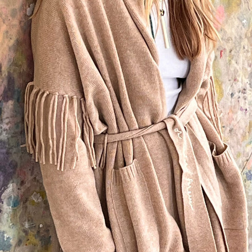 Cali fringe camel open-front long cardigan coat in 100% cashmere with drippy heart stitching - Cute women's long cardigan coats by Kerri Rosenthal