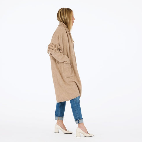Cali fringe camel open-front long cardigan coat in 100% cashmere with drippy heart stitching - Cute women's long cardigan coats by Kerri Rosenthal