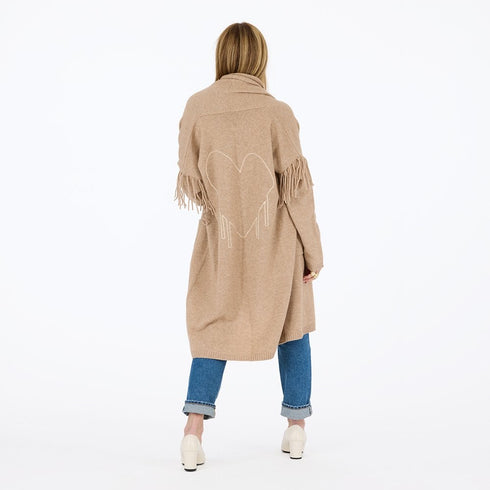 Cali fringe camel open-front long cardigan coat in 100% cashmere with drippy heart stitching - Cute women's long cardigan coats by Kerri Rosenthal