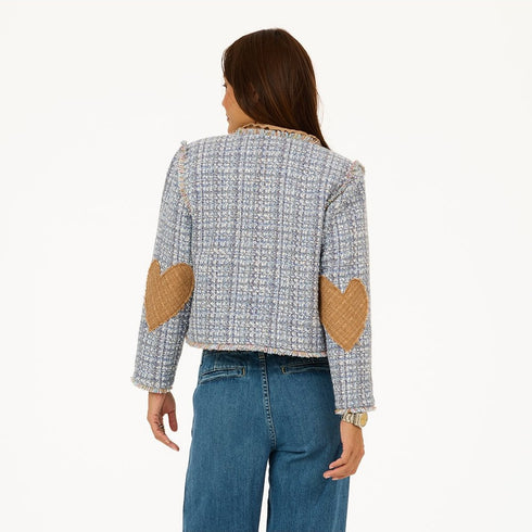 Fringe short jacket made from wool blend with contrast imperfect heart elbow patches - Cute women's short jackets by Kerri Rosenthal