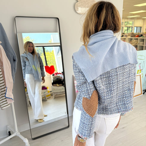 Blue multi fringe short jacket made from wool blend with imperfect heart elbow patches - Shop cute women's short jackets by Kerri Rosenthal