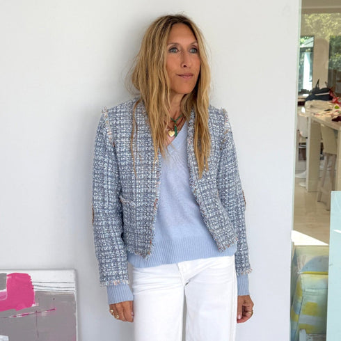 Blue multi fringe short jacket made from wool blend with imperfect heart elbow patches - Shop cute women's short jackets by Kerri Rosenthal