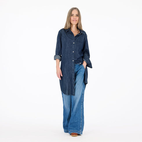 Mia navy blue cotton denim long sleeve shirt dress with elbow patches and embroidered heart - Cute women's shirt dress by Kerri Rosenthal
