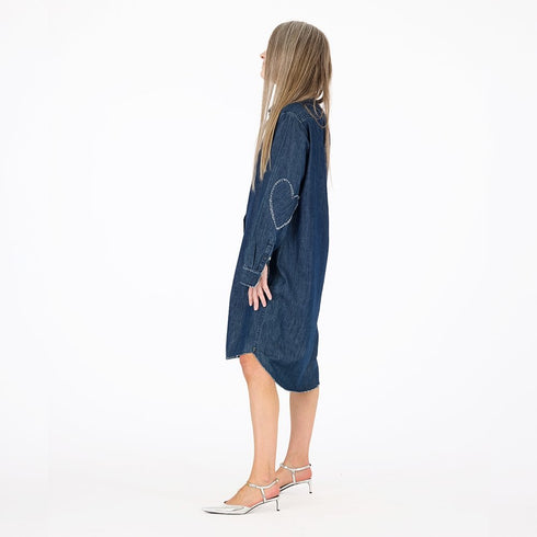 Mia navy blue cotton denim shirt dress with elbow patches and embroidered heart - Cute women's shirt dress by Kerri Rosenthal