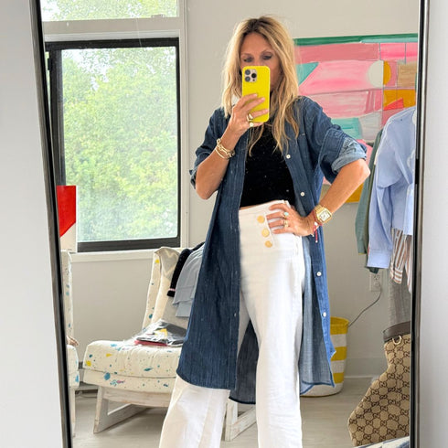 Mia navy blue cotton denim shirt dress with elbow patch and embroidered heart - Cute women's button-up shirt dresses by Kerri Rosenthal