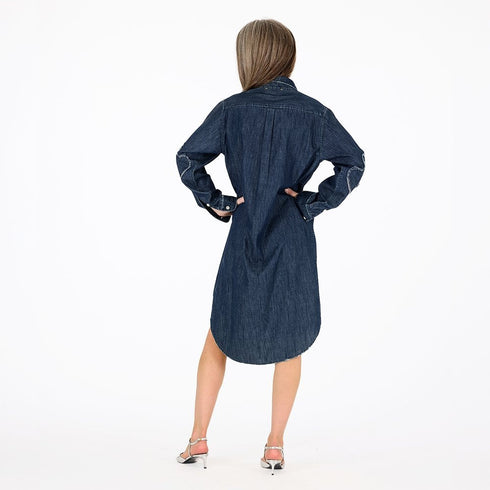 Mia navy blue cotton denim shirt dress with elbow patches and embroidered heart - Cute women's shirt dress by Kerri Rosenthal
