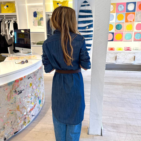 Mia navy blue cotton denim shirt dress with elbow patch and embroidered heart - Cute women's button-up shirt dresses by Kerri Rosenthal