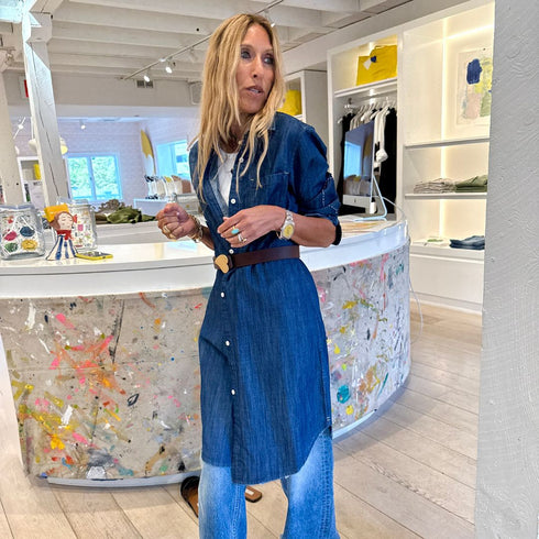 Mia navy blue cotton denim shirt dress with elbow patch and embroidered heart - Cute women's button-up shirt dresses by Kerri Rosenthal