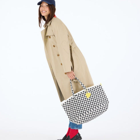KR heart on black and white check tote in 100% cotton canvas with a heart charm and inside pockets - Shop cute women's tote bags by Kerri Rosenthal