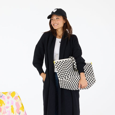 KR heart on black and white check tote in 100% cotton canvas with a heart charm and inside pockets - Shop cute women's tote bags by Kerri Rosenthal