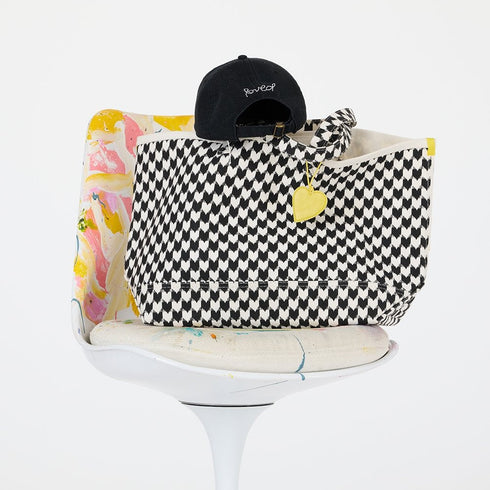 KR heart on black and white check tote in 100% cotton canvas with a heart charm and inside pockets - Shop cute women's tote bags by Kerri Rosenthal