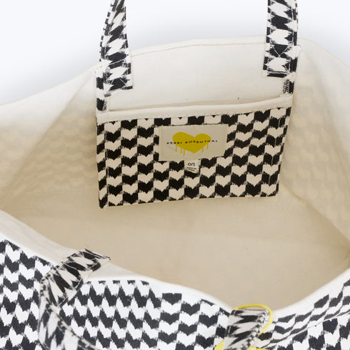 KR heart on black and white check tote in 100% cotton canvas with a heart charm and inside pockets - Shop cute women's tote bags by Kerri Rosenthal