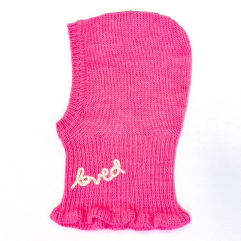 The Mc Luvin pink hoodie made from wool cashmere blend with a knit ruffled bottom and embroidered "LOVED" - Cute women’s hoodies by Kerri Rosenthal