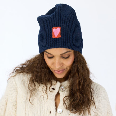 Love Brigade indigo blue beanie hat in a cotton-cashmere blend ribbed knit, featuring embroidered artwork - Shop cute women’s beanies by Kerri Rosenthal