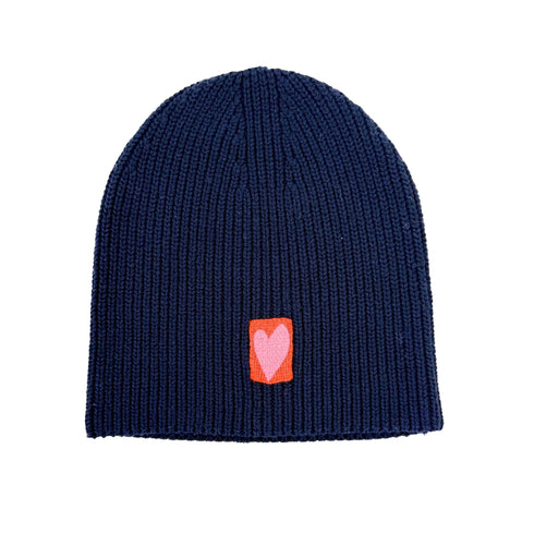 Love Brigade indigo blue beanie hat in a cotton-cashmere blend ribbed knit, featuring embroidered artwork - Shop cute women’s beanies by Kerri Rosenthal
