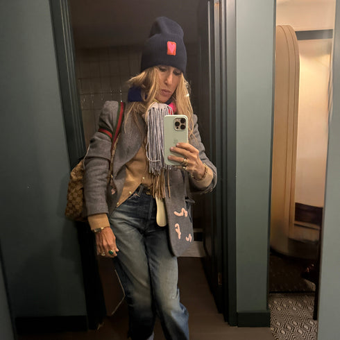 Love Brigade indigo blue beanie hat in a cotton-cashmere blend ribbed knit, featuring embroidered artwork - Shop cute women’s beanies by Kerri Rosenthal