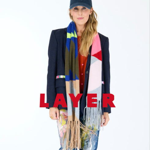 Love Brigade multicolor cashmere scarf, features heart love intarsia and fringe on each end - Cute women's scarves by Kerri Rosenthal