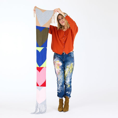 Love Brigade multicolor cashmere scarf, features heart love intarsia and fringe on each end - Cute women's scarves by Kerri Rosenthal