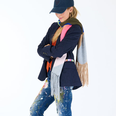 Love Brigade multicolor cashmere scarf, features heart love intarsia and fringe on each end - Cute women's scarves by Kerri Rosenthal