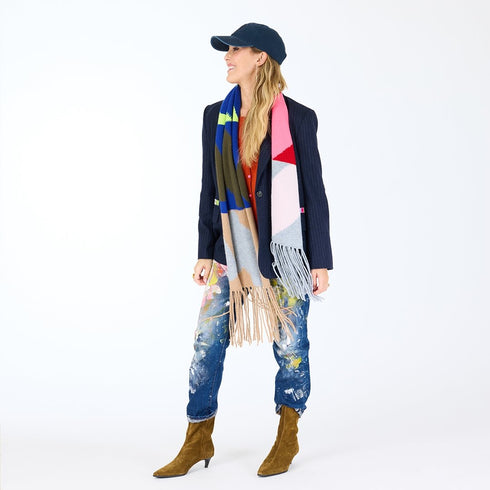 Love Brigade multicolor cashmere scarf, features heart love intarsia and fringe on each end - Cute women's scarves by Kerri Rosenthal