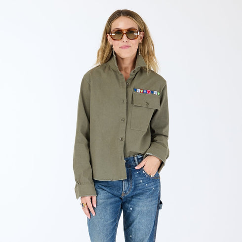 Pia Love Brigade army green button-down shirt in 100% cotton twill with heart elbow patches - Cute women's button shirts by Kerri Rosenthal