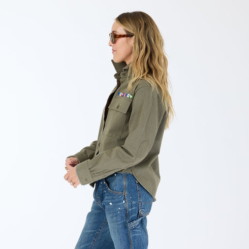 Pia Love Brigade army green button-down shirt in 100% cotton twill with heart elbow patches - Cute women's button shirts by Kerri Rosenthal