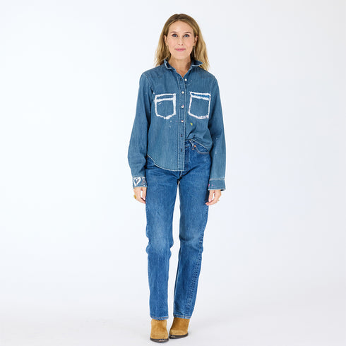 Pia Western Studio button-up blue denim shirt in 100% cotton heart elbow patches and hand-painted art - Cute women's jean shirts by Kerri Rosenthal