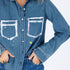 Pia Western Studio button-up blue denim shirt in 100% cotton heart elbow patches and hand-painted art - Cute women's jean shirts by Kerri Rosenthal