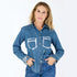 Pia Western Studio button-up blue denim shirt in 100% cotton heart elbow patches and hand-painted art - Cute women's jean shirts by Kerri Rosenthal
