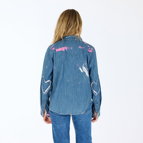 Pia Western Studio button-up blue denim shirt in 100% cotton heart elbow patches and hand-painted art - Cute women's jean shirts by Kerri Rosenthal