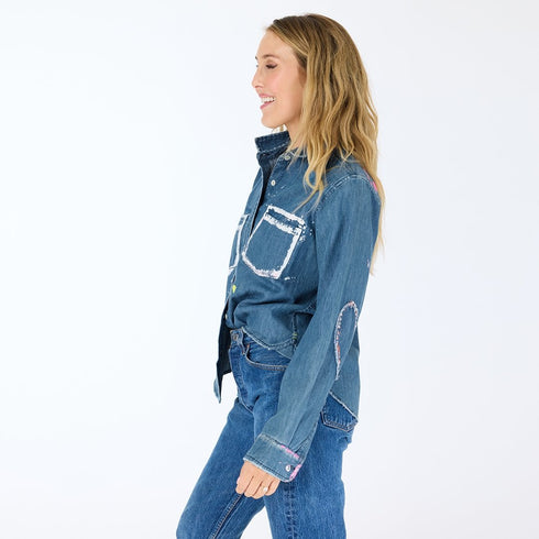 Pia Western Studio button-up blue denim shirt in 100% cotton heart elbow patches and hand-painted art - Cute women's jean shirts by Kerri Rosenthal