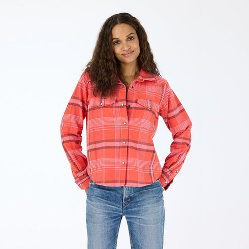 Pia Western red plaid flannel shirt in 100% cotton with snaps, double front pockets and oval elbow patches - Cute women's shirts by Kerri Rosenthal