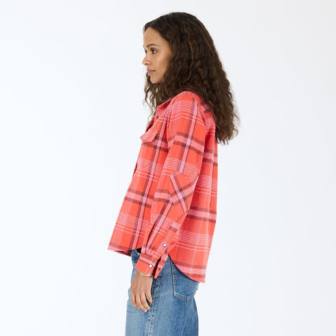 Pia Western red plaid flannel shirt in 100% cotton with snaps, double front pockets and oval elbow patches - Cute women's shirts by Kerri Rosenthal