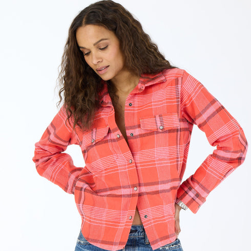 Pia Western red plaid flannel shirt in 100% cotton with snaps, double front pockets and oval elbow patches - Cute women's shirts by Kerri Rosenthal