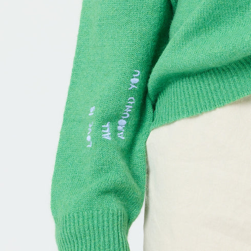 Green camille love Is all around you sweater 100% featherweight cashmere with cuff sleeve - Cute women's sweaters by Kerri Rosenthal