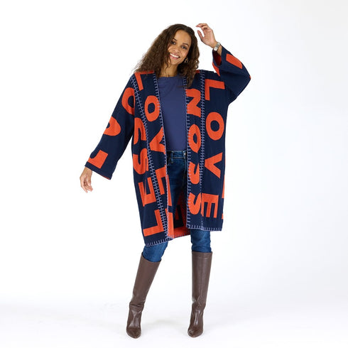 Blankie Love Lesson indigo blue reversible cardigan is made from a cotton and cashmere blend with an open front - Shop women’s cardigans by Kerri Rosenthal