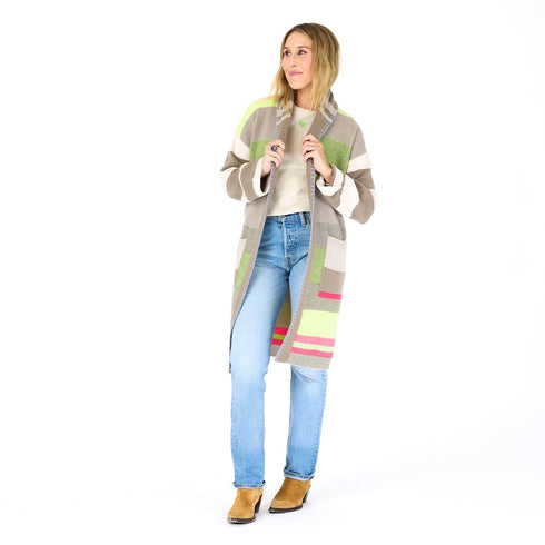 The shawl collar cashmere duster long cardigan with multicolor intarsia stripes and double front pockets - Shop women’s long cardigans by Kerri Rosenthal