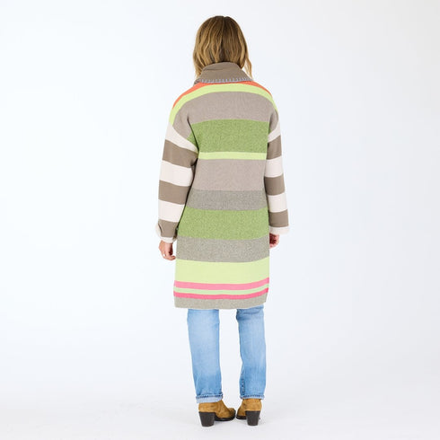 The shawl collar cashmere duster long cardigan with multicolor intarsia stripes and double front pockets - Shop women’s long cardigans by Kerri Rosenthal