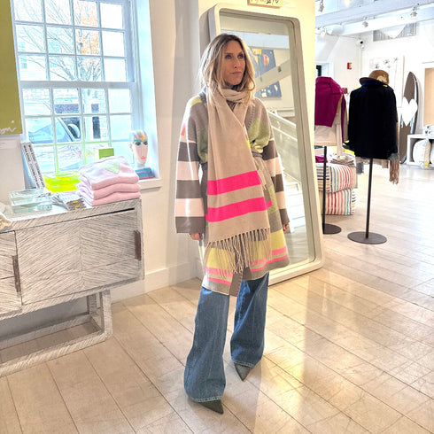 The shawl collar cashmere duster long cardigan with multicolor intarsia stripes and double front pockets - Shop women’s long cardigans by Kerri Rosenthal