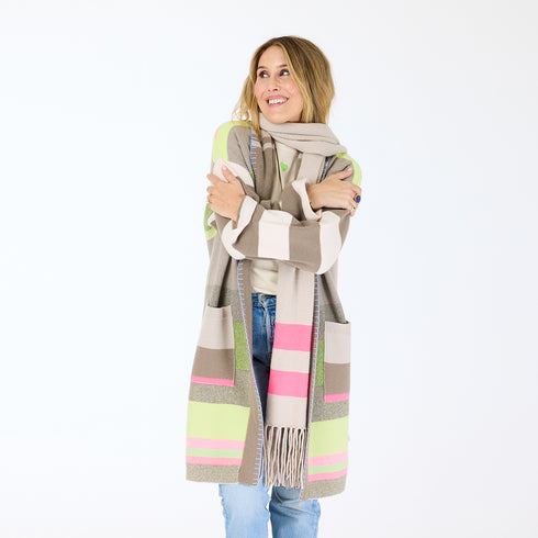 The shawl collar cashmere duster long cardigan with multicolor intarsia stripes and double front pockets - Shop women’s long cardigans by Kerri Rosenthal