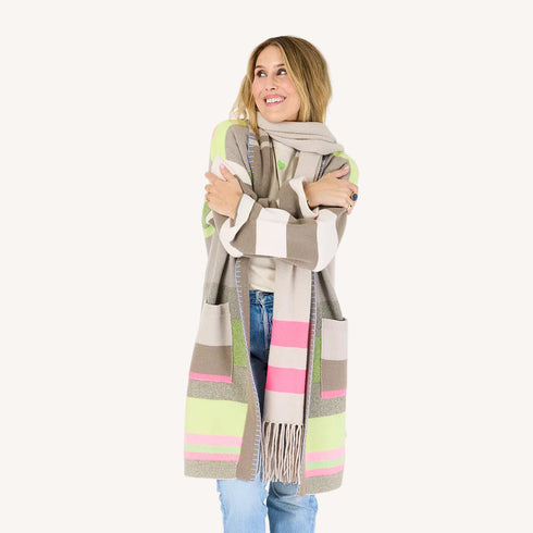 The shawl collar cashmere duster long cardigan with multicolor intarsia stripes and double front pockets - Shop women’s long cardigans by Kerri Rosenthal