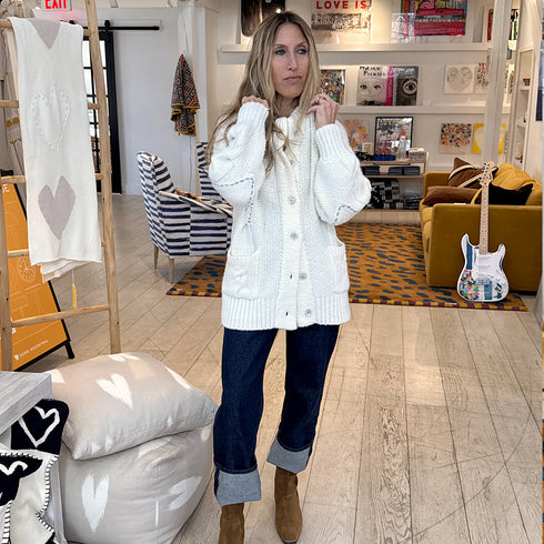 Troy beige blend of wool and cashmere cardigan with stitched elbow patch and double patch pockets - Shop cute women’s cardigans by Kerri Rosenthal