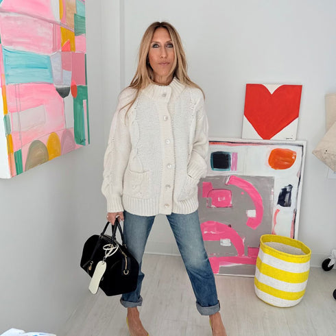 Troy beige blend of wool and cashmere cardigan with stitched elbow patch and double patch pockets - Shop cute women’s cardigans by Kerri Rosenthal