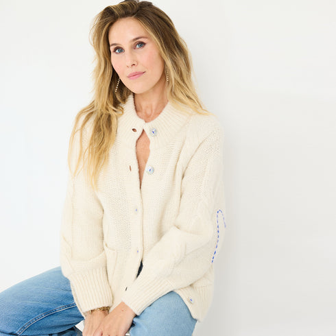 Troy beige blend of wool and cashmere cardigan with stitched elbow patch and double patch pockets - Shop cute women’s cardigans by Kerri Rosenthal