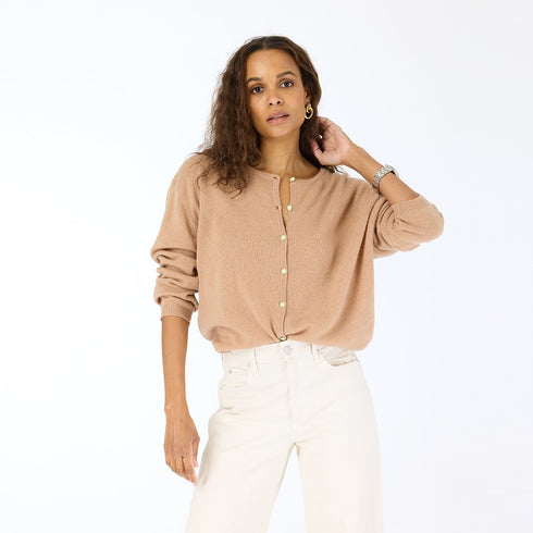 Bassett camel 100% cashmere cardigan with round neck, contrast buttons, and embroidered 'Loved' artwork - Cute women's cardigans by Kerri Rosenthal