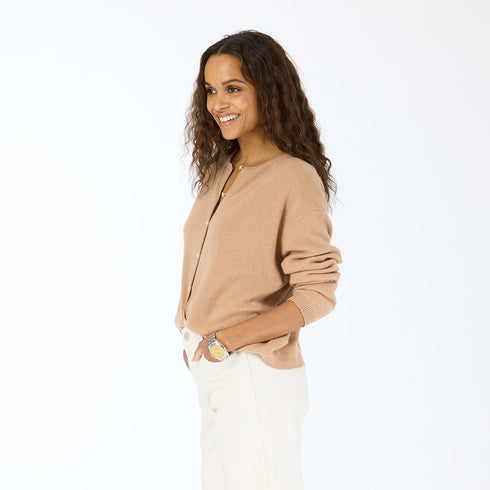 Bassett camel 100% cashmere cardigan with round neck, contrast buttons, and embroidered 'Loved' artwork - Cute women's cardigans by Kerri Rosenthal