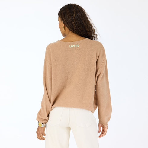 Bassett camel 100% cashmere cardigan with round neck, contrast buttons, and embroidered 'Loved' artwork - Cute women's cardigans by Kerri Rosenthal